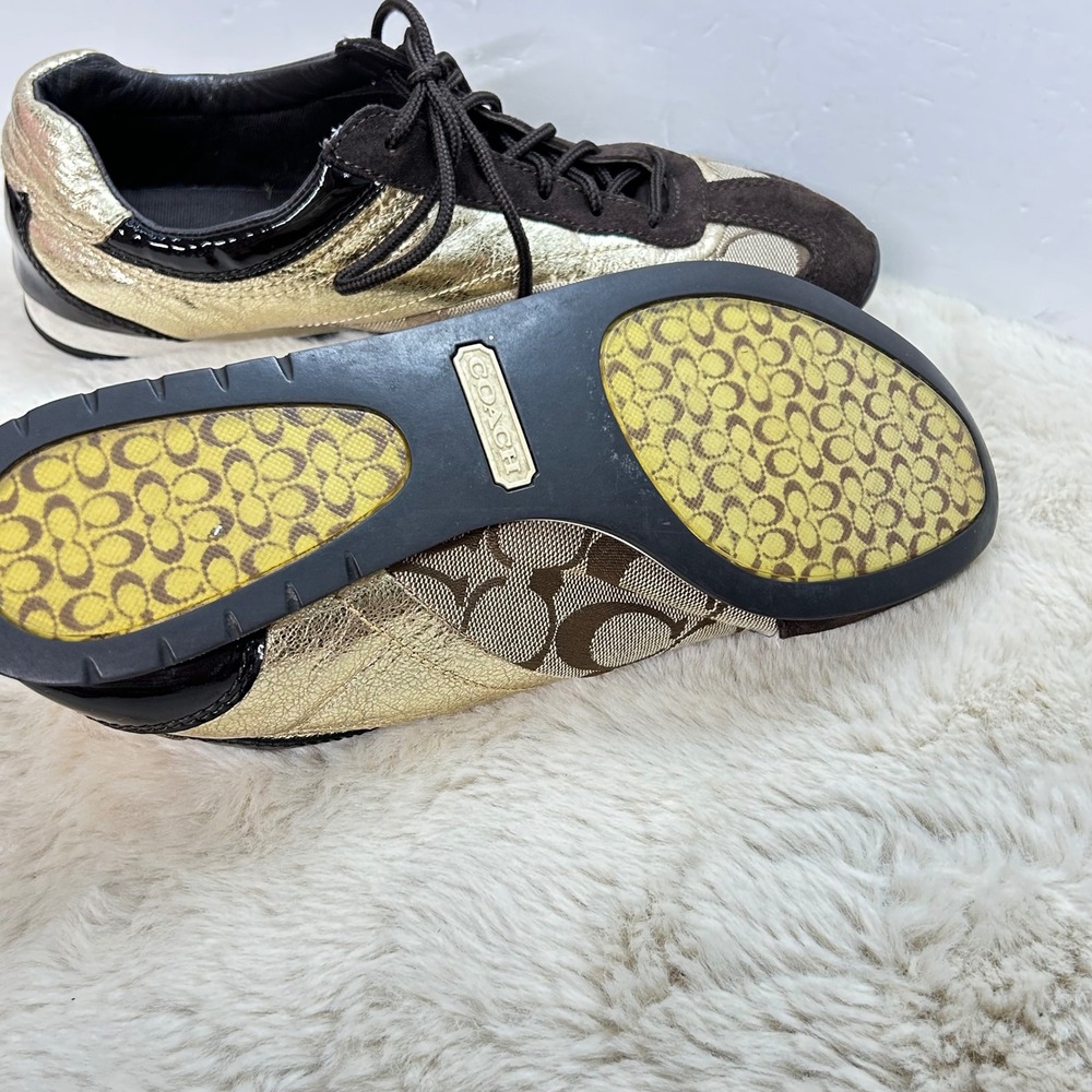 COACH Brown & Gold Monogram Sneakers Shoes Low Top Designer - Picture 6 of 11